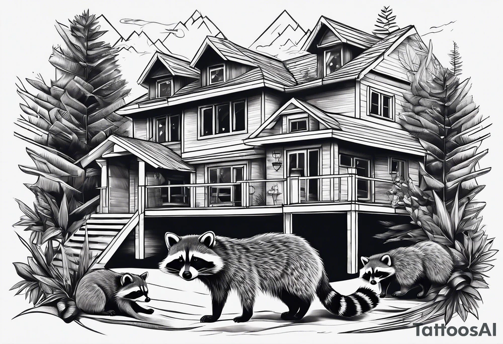 Raccoon Family playing in Front of their New house tattoo idea