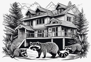 Raccoon Family playing in Front of their New house tattoo idea