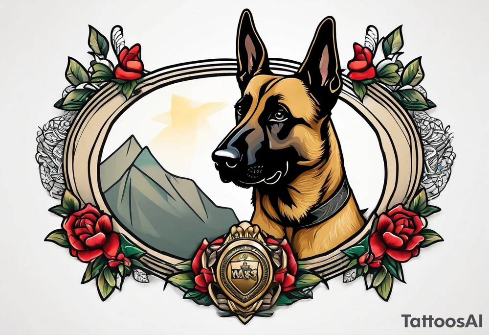 Belgian Malinois dog   Front facing with a badge tattoo idea
