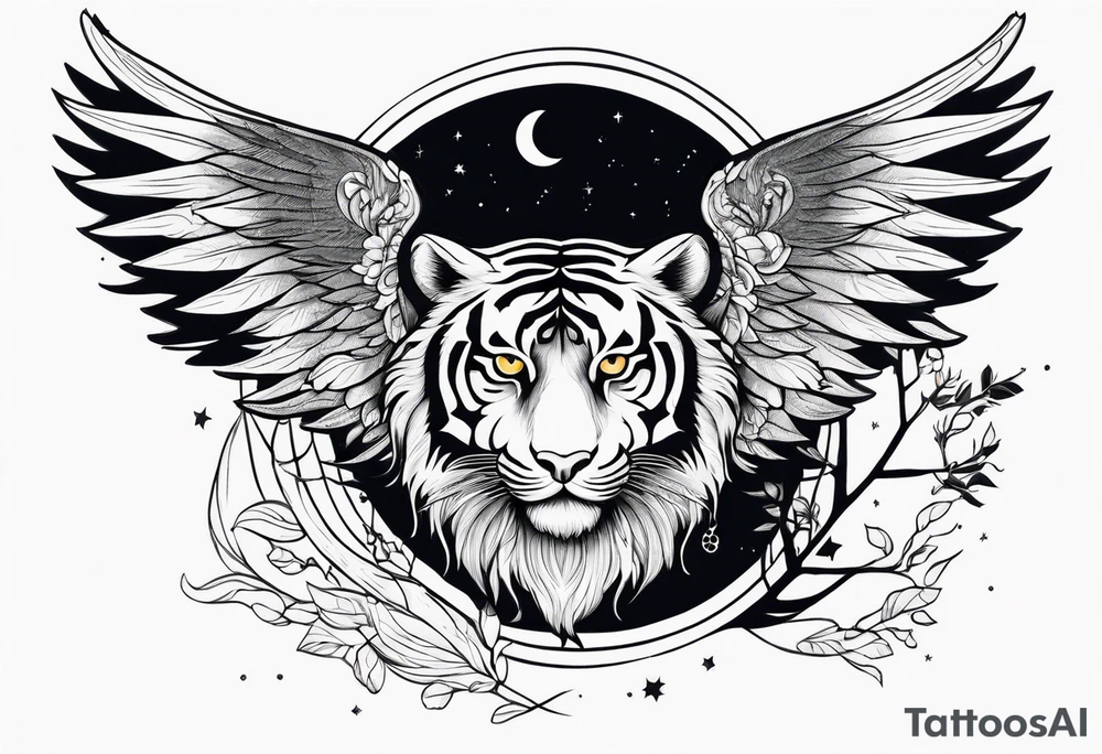 Tiger with wings hunting flying owl full moon forest tattoo idea