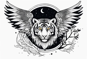 Tiger with wings hunting flying owl full moon forest tattoo idea