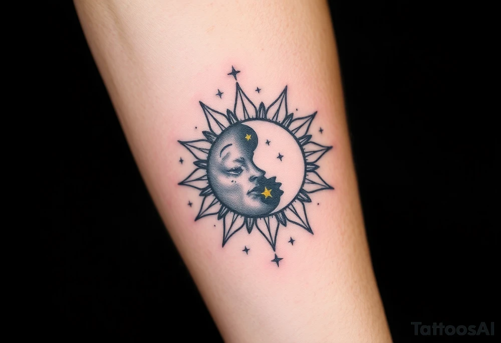 celestial sun and moon embrace with constellation patterns tattoo idea