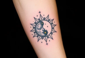 celestial sun and moon embrace with constellation patterns tattoo idea