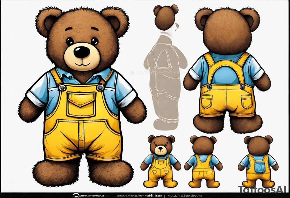 the back of a standing, skinny, brown ,
teddy bear in long, yellow overalls tattoo idea