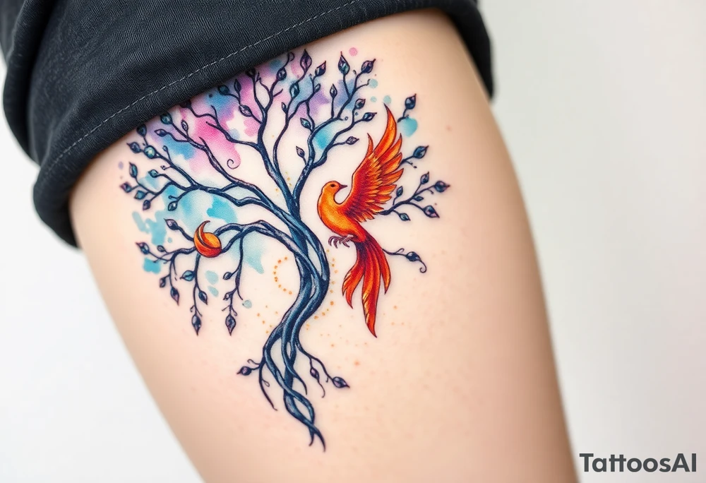 magical tree of life with a phoenix tattoo idea