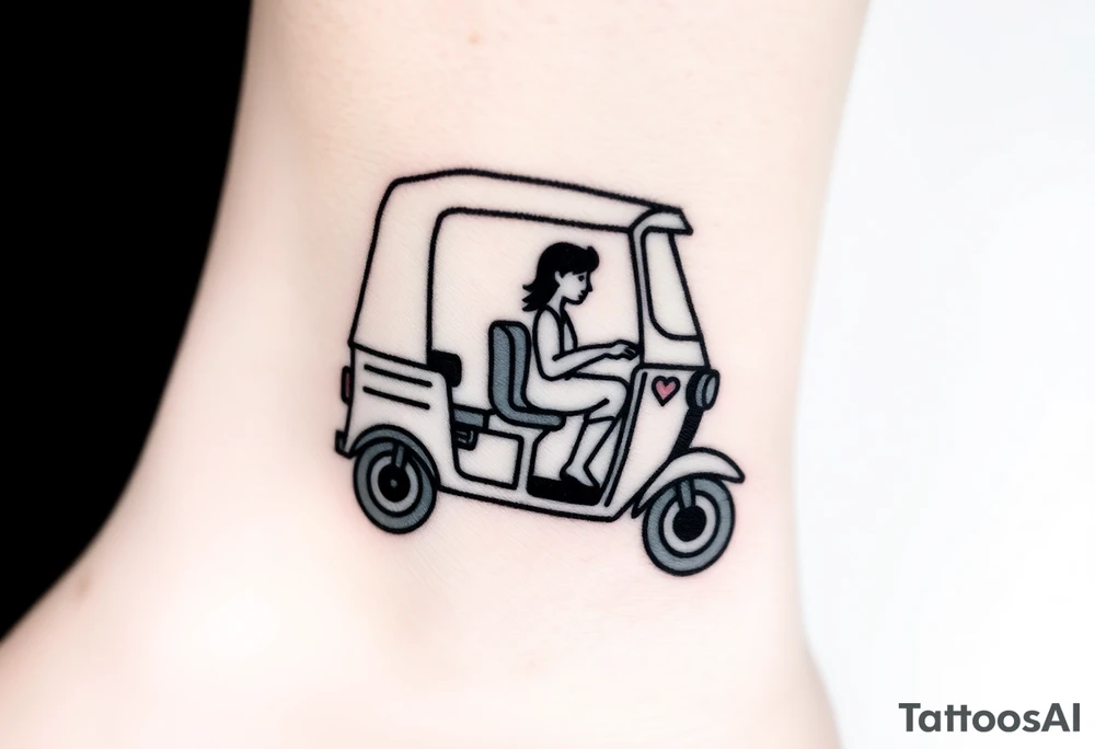 Create a simple tuk tuk. Add a boy and a girl in the vehicle. Add a heart. tattoo idea