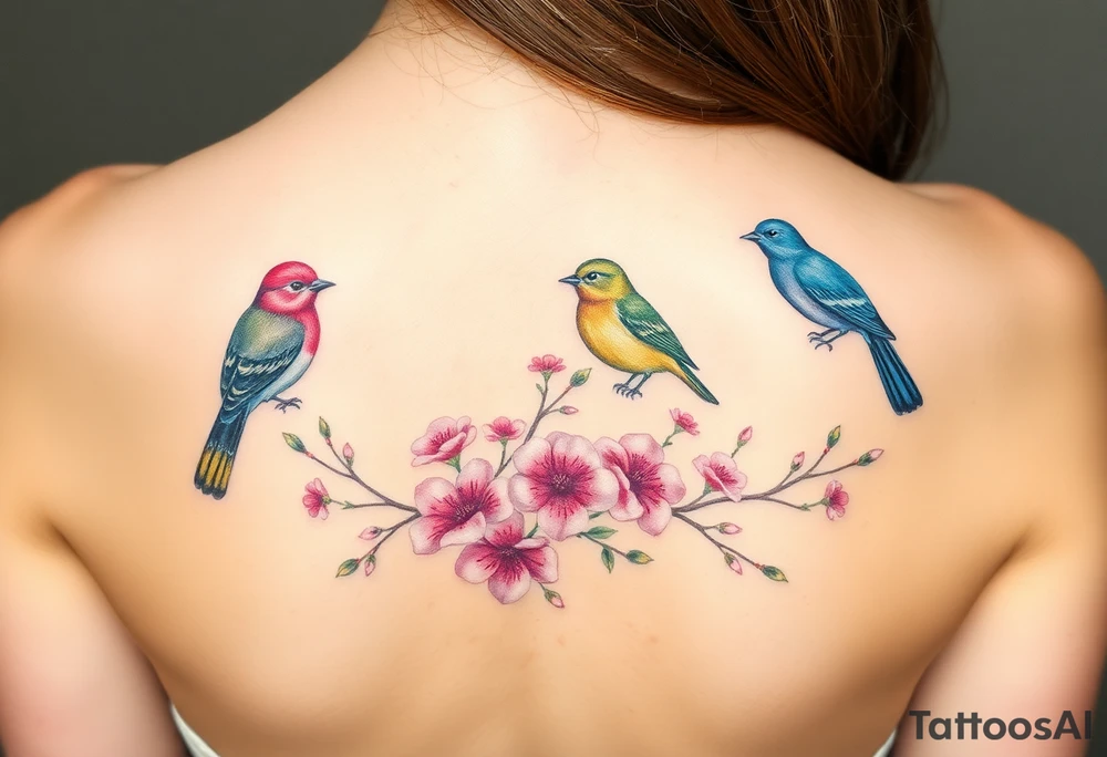 Four birds, flowers, branch tattoo idea