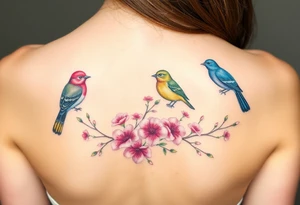 Four birds, flowers, branch tattoo idea
