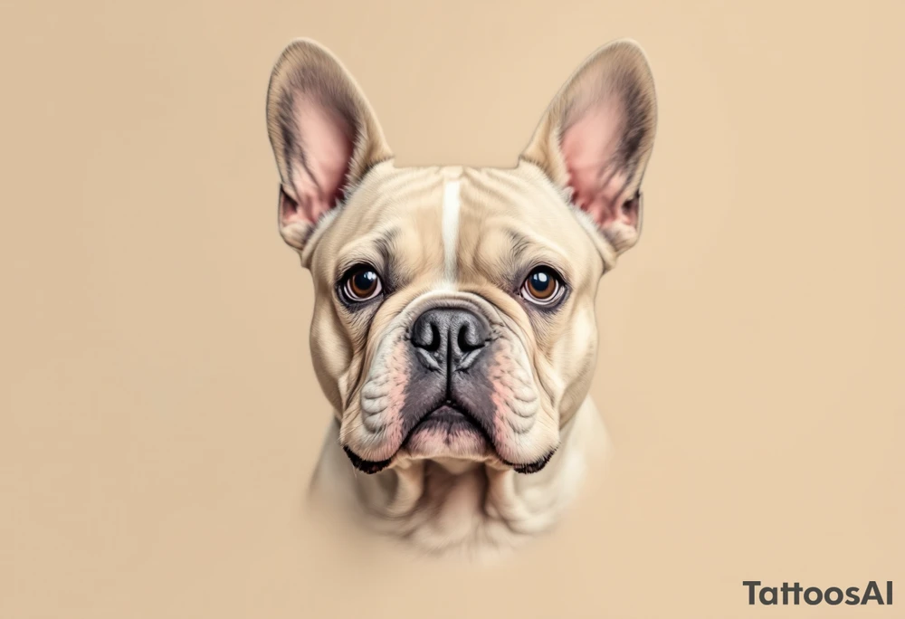 Realistic French Bulldog portrait in soft beige and white, with expressive dark eyes and a glossy black nose, facing forward with gentle shading. tattoo idea