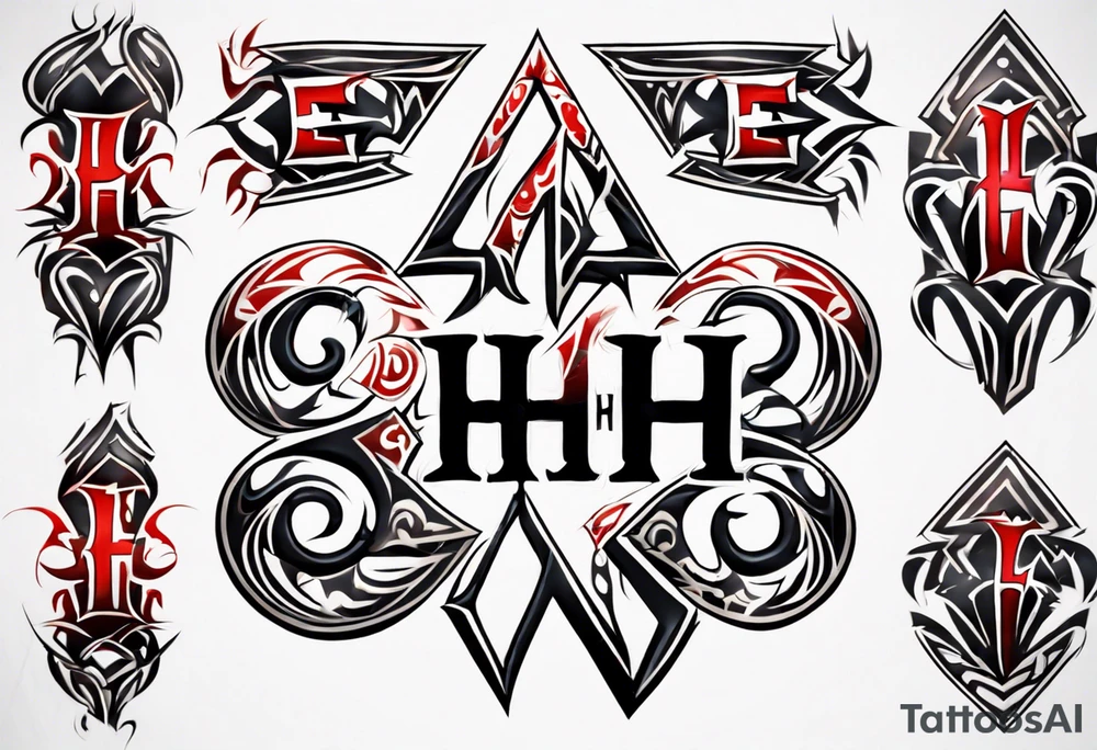 combine the letters E and H with tribal pattern tattoo idea