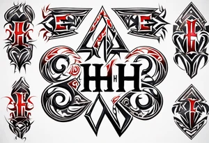 combine the letters E and H with tribal pattern tattoo idea