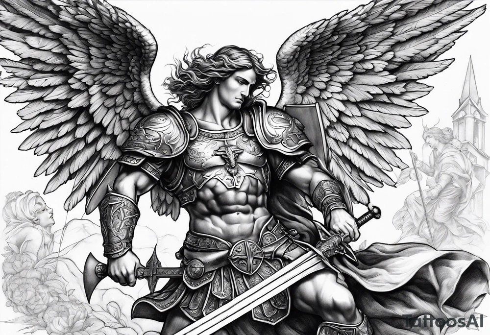 St.Michael angel with solid armor, holding a sword while killing the devil laid down on the ground tattoo idea
