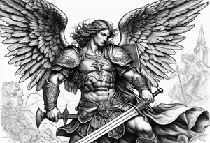 St.Michael angel with solid armor, holding a sword while killing the devil laid down on the ground tattoo idea