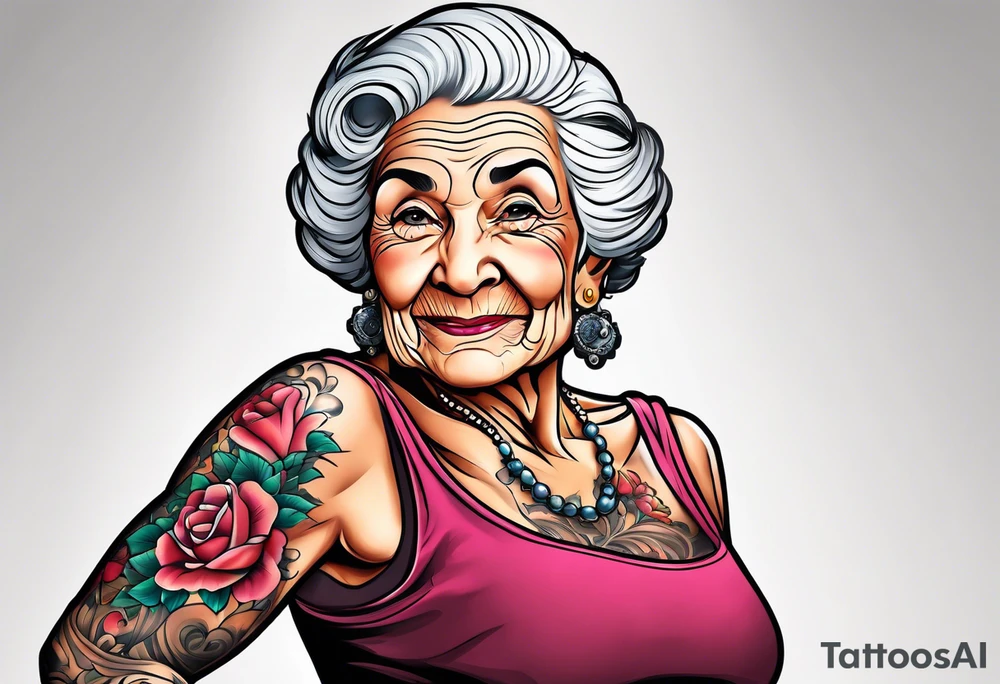 Muscular old lady posing. tattoo idea