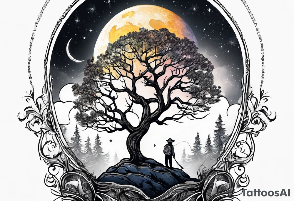 Guitar design moon tree campfire tattoo idea