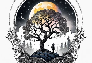 Guitar design moon tree campfire tattoo idea