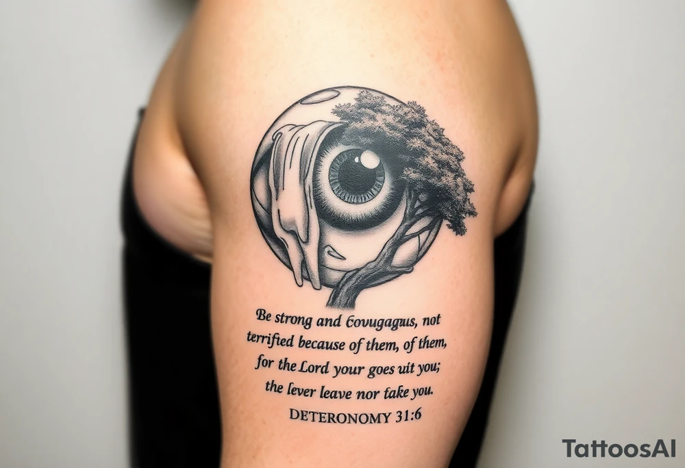 Eyeball with waterfall flowing out of it and under have a tree and under that have the verse Be strong and courageous. Do not be afraid or terrified
because of them, for the Lord your God goes with you; he will never leave you nor forsake you." Deuteronomy 31:6 tattoo idea
