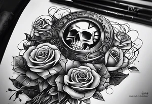 tattoo fool sleeve, tree roots break out of the chains at the bottom of the hand, broken mask, Clock with flying numbers, girl, skull, roses, less shadows tattoo idea