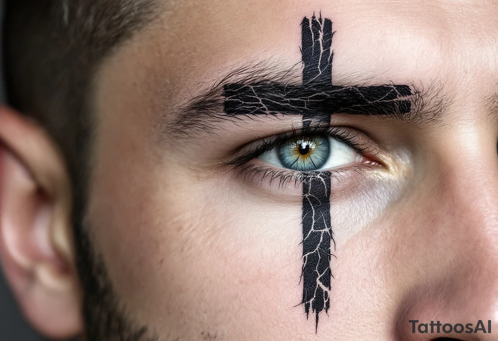Cross in bold black with a cracked effect on man´s face under a eye. tattoo idea