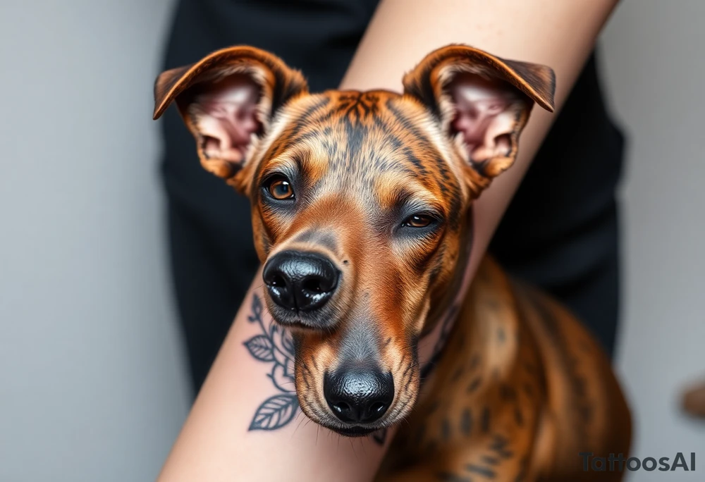 Cute female  large hound dog mix Brindle dog with the name kiwi . And a tiny rose around her . With her ears pointy a little big tattoo idea