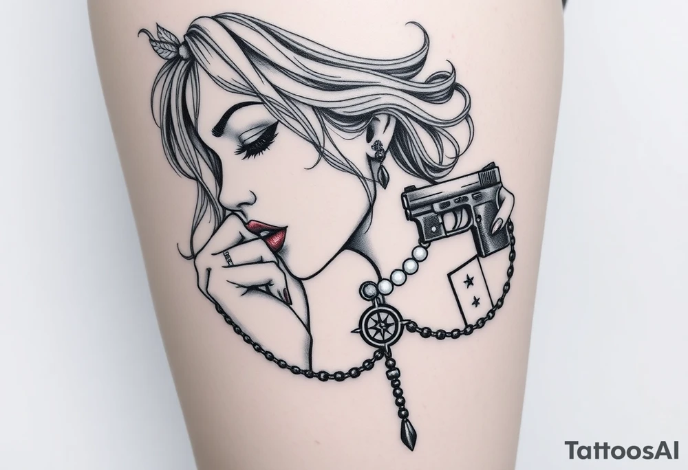 Profile of sexy woman with messy hair 
,resting chin on fist 
, mouth open  , lace, lipstick,  pearls 
compass and gun hand with rosary wrapped around hand tattoo idea