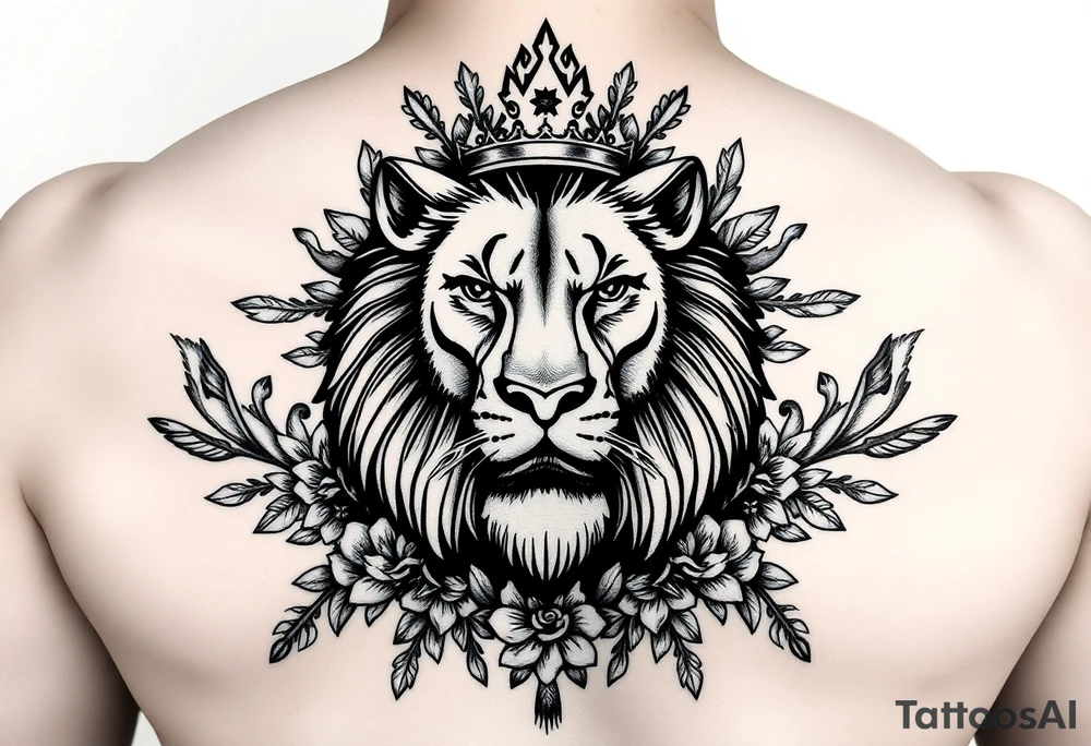 powerful majestic lion with a crown, surrounded by floral ornaments and birds tattoo idea