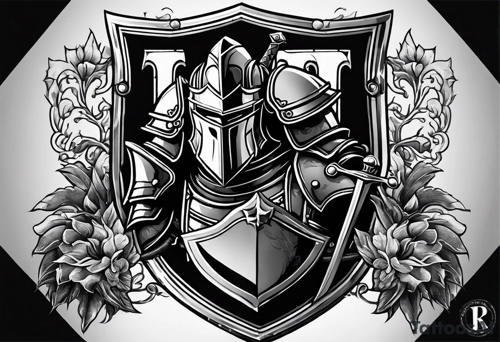 knight with heavy armor with letters with RAYMOND on shield tattoo idea