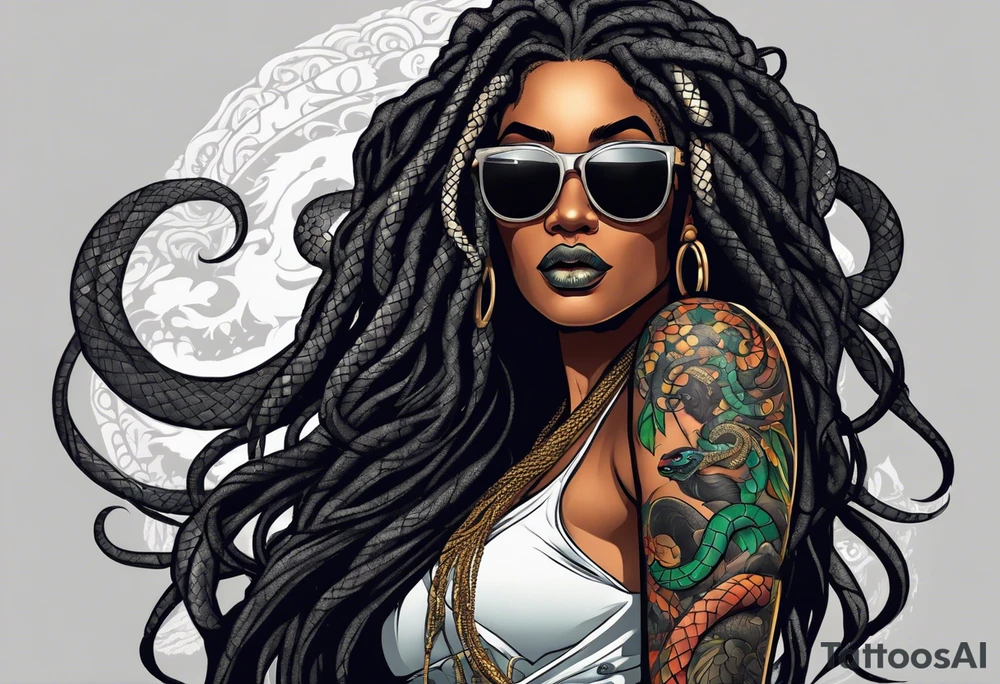 medusa as a beautiful black women with long black dreadlocks and one arm tattooed with snake skin and the other arm tattooed with marble, wearing large black sunglasses, streetwear tattoo idea