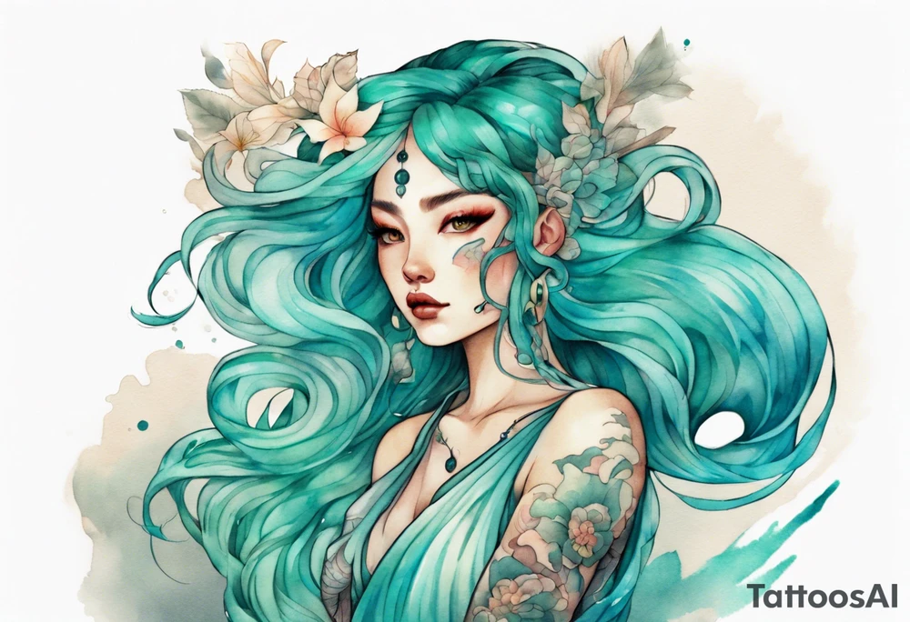 A beautiful namia with turquois scales and teal hair. tattoo idea