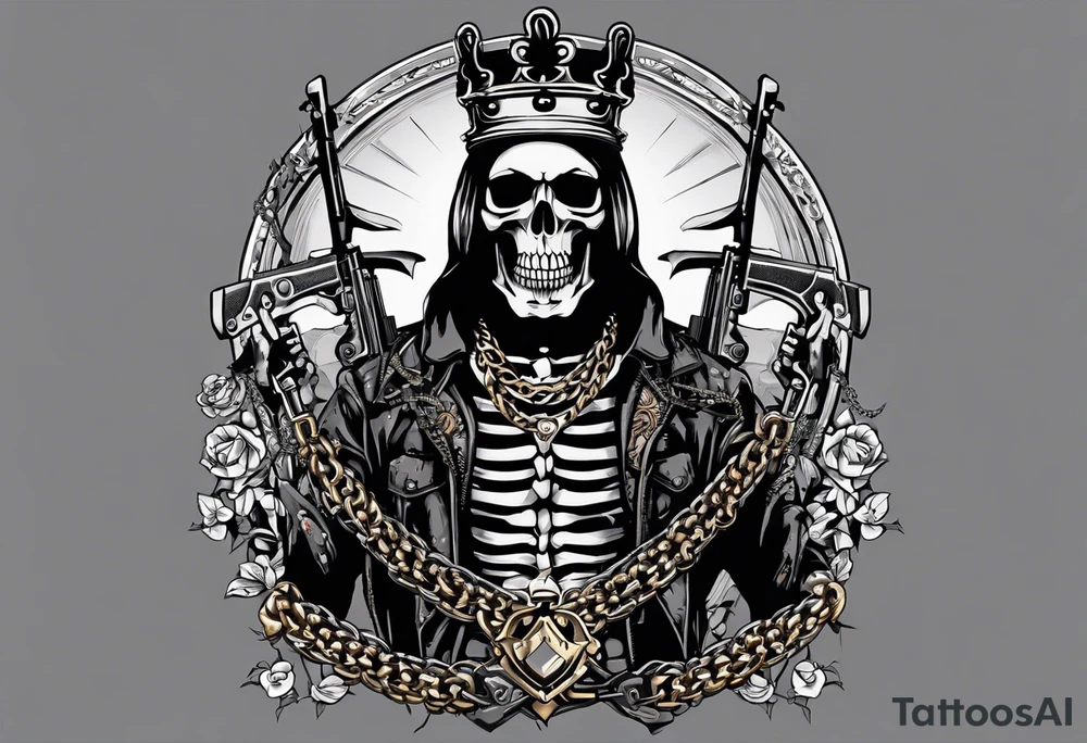 image of a skeleton standing frontally with a crown on his head, holding an AK-47 on his shoulder with his right hand. The chain on the left should be taut, there are three angry barking Dobermans in it, near the waist tattoo idea