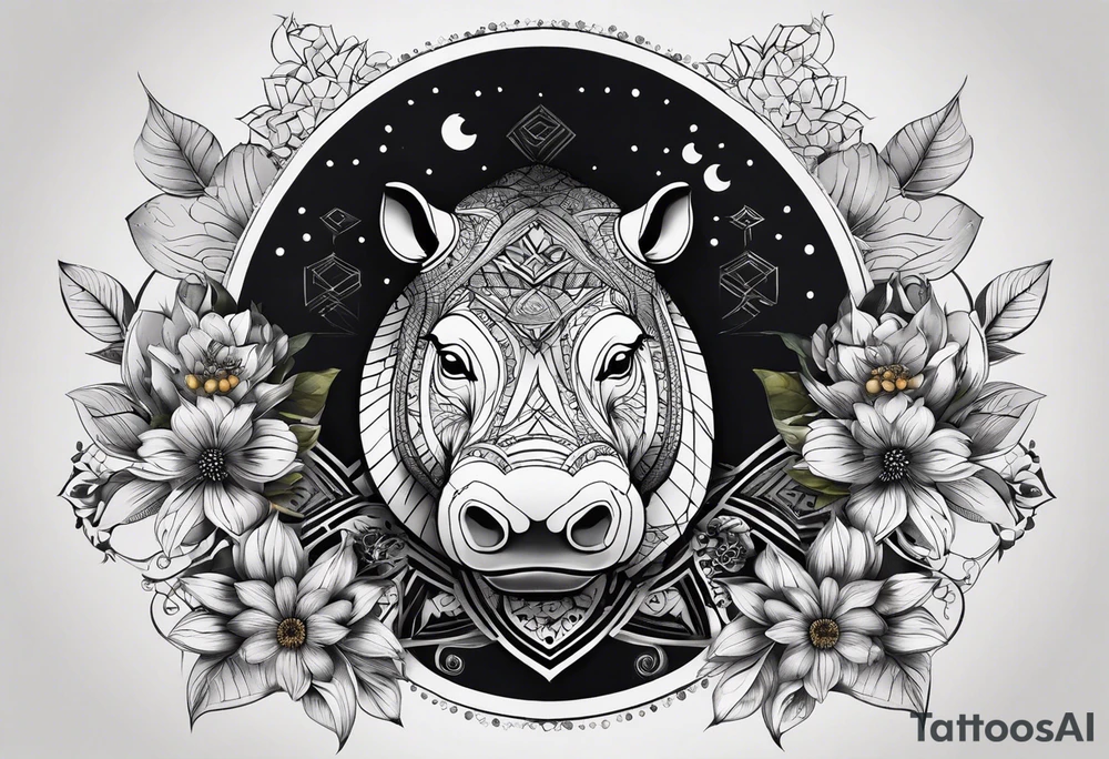 Very asymmetrical, +geometric pattern, with realistic full moon, with hippo at side look, +tribal, +geometric, +inkart , +blackwork, +grey scale, + sketch
with wintersweet flower bud, +inkart touch, +for men tattoo idea