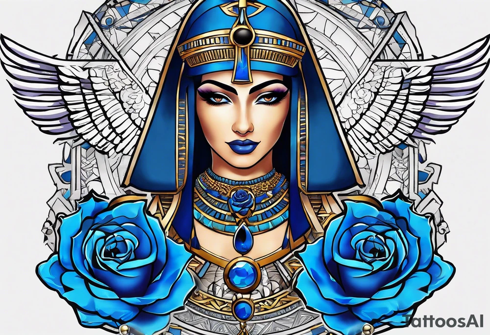 Isis Goddess Tattoo  frame blue roses, ankh , background egypt pyramid,wings tattoo idea