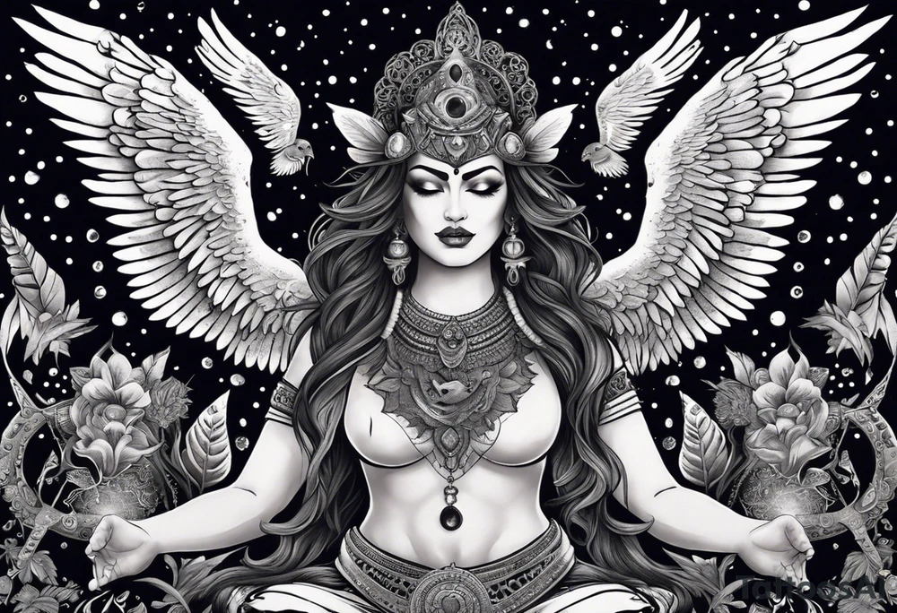 black kali, goddess pirate, alien, angel, pachamama, valkrye, warrior, flying, skull, lotus azul, wing, eagle, zenza resonance, stars, 5D, anahata chakra, death, durga, riding on a tiger, flying lady, kundalini, chest tatoo, samuri, rebel, serpent tattoo idea