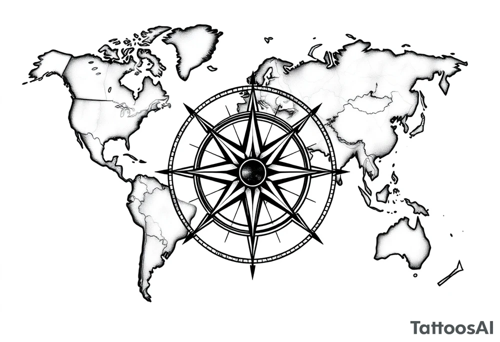 antique compass rose overlaid on weathered fictional world map tattoo idea