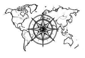 antique compass rose overlaid on weathered fictional world map tattoo idea