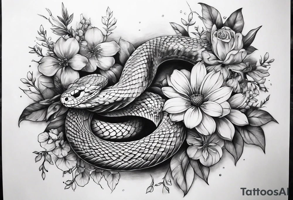 Spine tattoo, snake and flowers tattoo idea