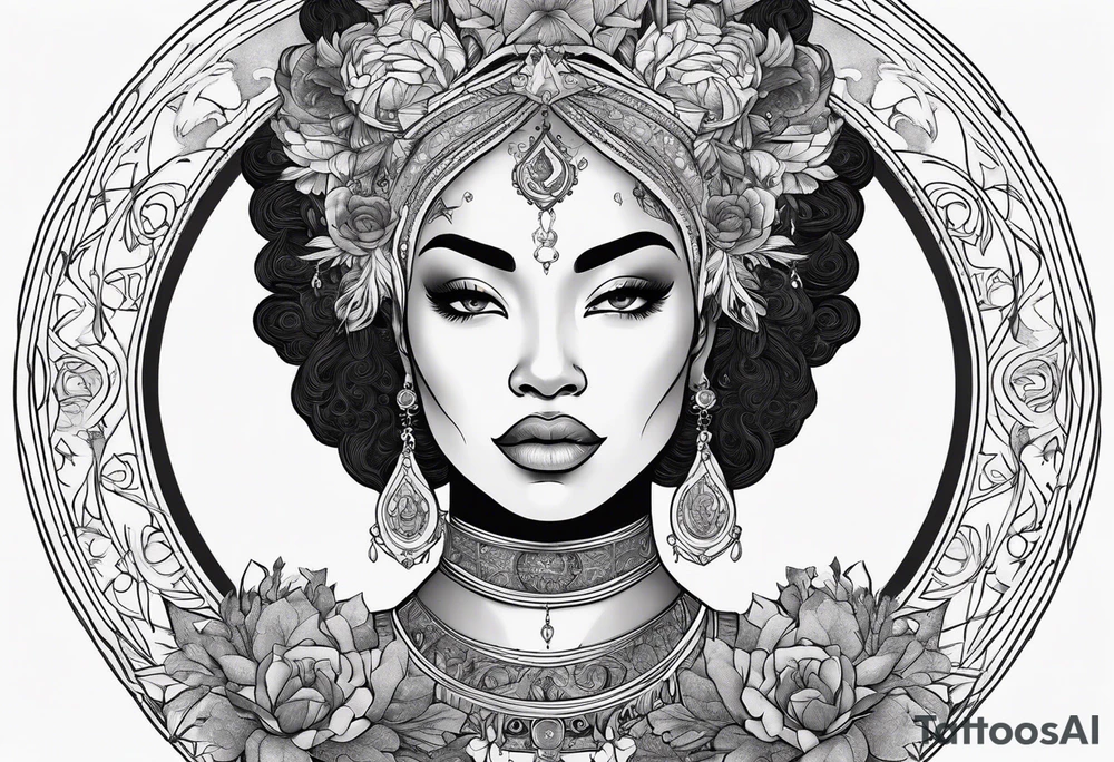 Black woman, enlightenment, wisdom, astronomy, cancer zodiac, natural, full arm tattoo idea