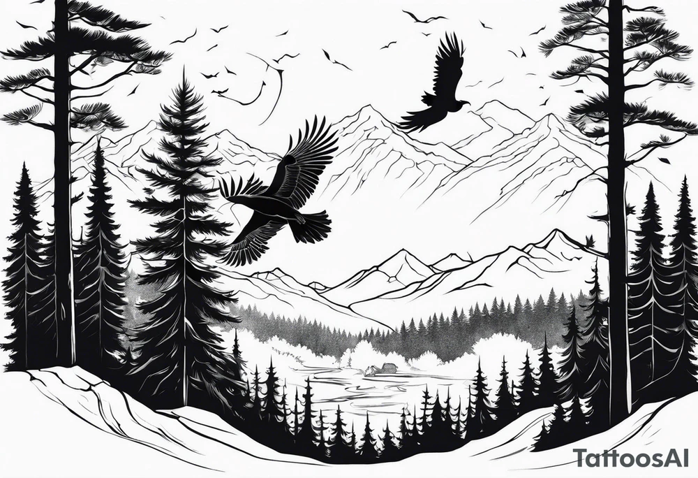 Full back tattoo ancient pine Forrest and giant black eagle tattoo idea Full back tattoo ancient pine Forrest and giant black eagle tattoo idea