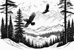 Full back tattoo ancient pine Forrest and giant black eagle tattoo idea