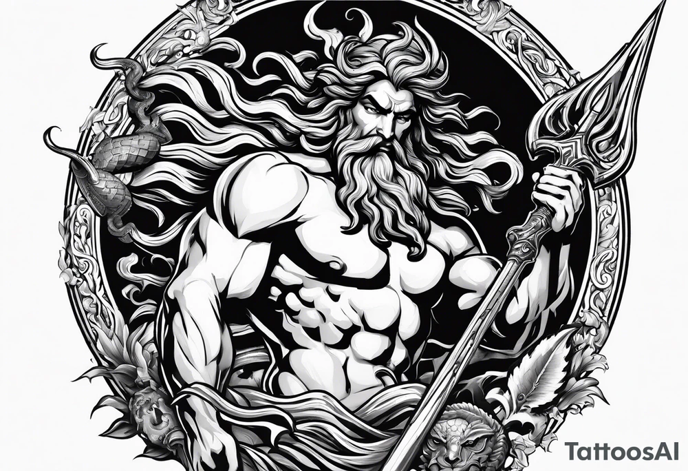 An image of Poseidon holding his trident battling with Medusa tattoo idea