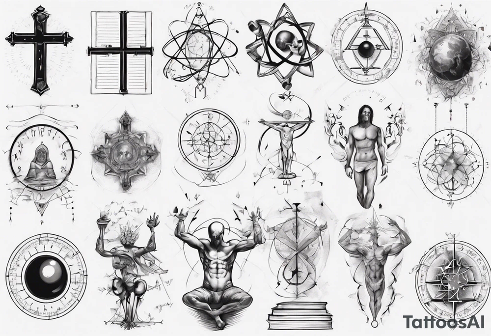 The study of human body and religion combined with emphasis on math and physics tattoo idea