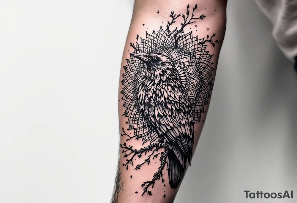 left arm tattoo of a raven on a branch surrounded by mandala tattoo idea
