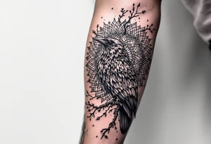 left arm tattoo of a raven on a branch surrounded by mandala tattoo idea