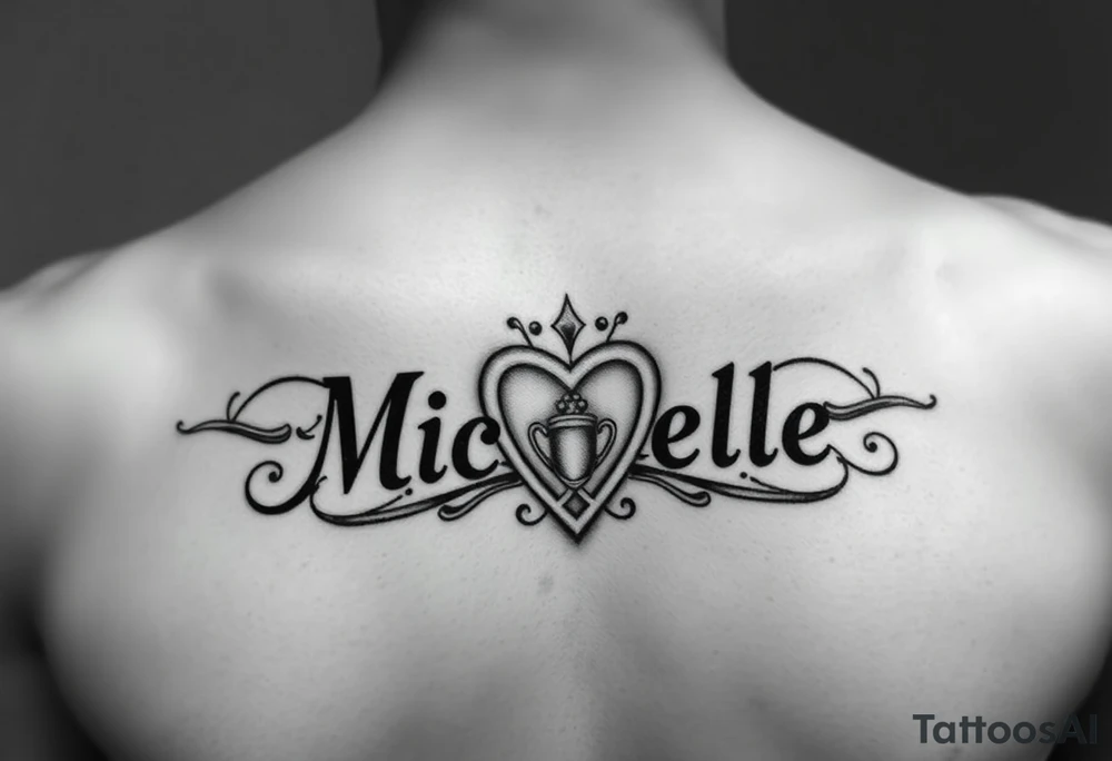 Create a tattoo on a man’s chest of the name Michelle. Celtic knot and claddagh tattoo idea