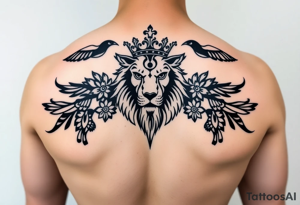 powerful majestic lion with a crown, surrounded by floral ornaments and birds tattoo idea