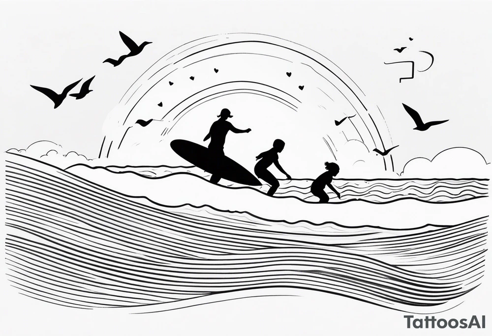 Black and white Line work tattoo depicting a father surfing with his two daughters.  The sunset and horizon have musical notes. tattoo idea