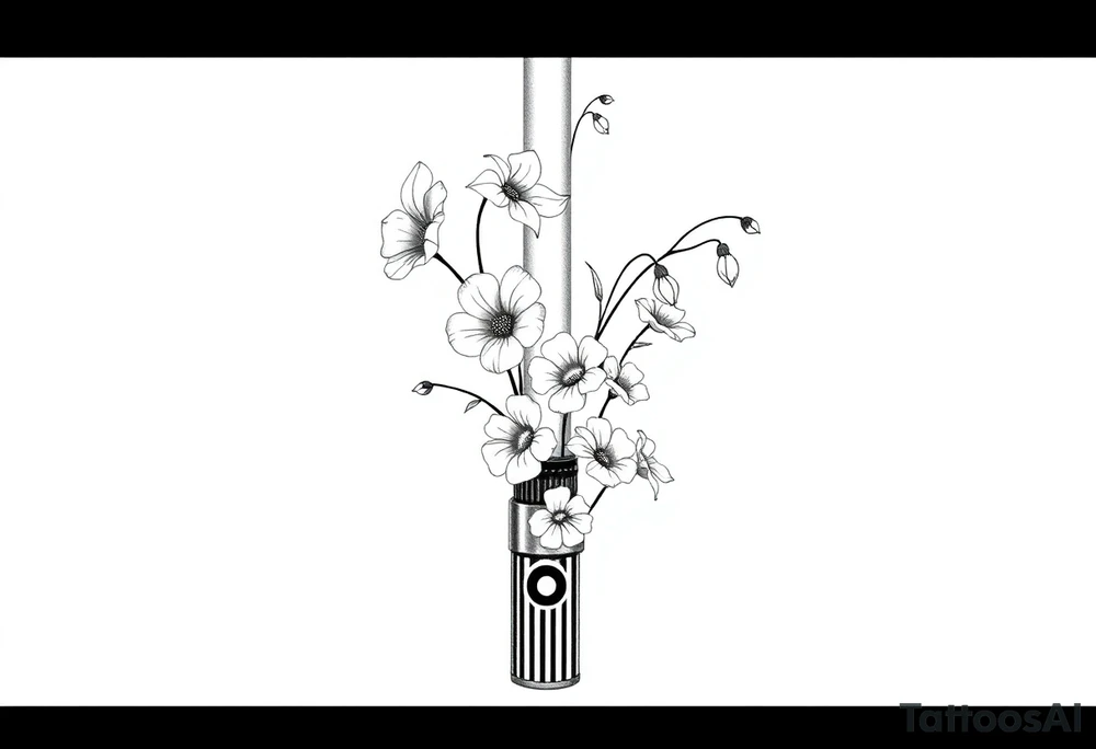 Morning glories, daisies, lily of the valley in a Star Wars lightsaber handle tattoo idea