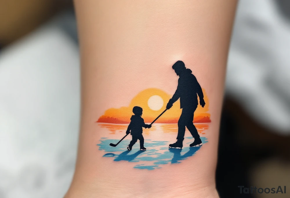 Silhouetted pair (small child and adult) holding sticks on a rink, warm yellow and blue tones like a winter sunset tattoo idea