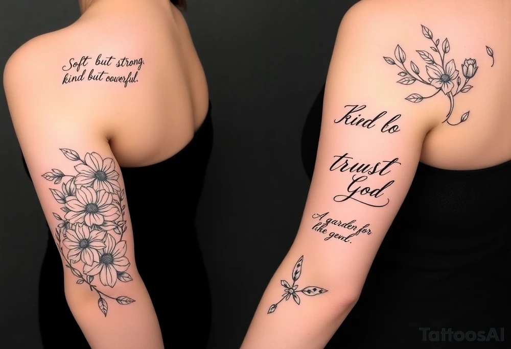🌿


They are all connected 
 Right Arm Sleeve
	•	Top shoulder: “Soft but strong, kind but powerful.”
→ Wrapped with light olive vines
	•	Mid-arm: Peonies, lilies, tulips (your favorites)
→ Optional red ink in petal accents
	•	Lower arm/wrist: Vine wrap
→ Script: “Trust God”
	•	Style: Light, flowing, fine-line — NOT bold or filled-in

⸻

🌸 Spine Tattoo & Flow
	•	Already present floral spine tattoo
	•	New elements will connect from your sleeve, flow down from the right shoulder, lightly wrapping into your back
	•	Inspired by the reference with floral script diagonally across the spine
	•	Optional soft red ink details to enhance movement

⸻

🍑 Left Thigh + Butt
	•	Quote: “A garden of her own”
→ Placed on side of butt, flowing from lower back
	•	Floral extension down the thigh — tulips/peonies
	•	Minimal, romantic, fine-line

⸻ tattoo idea