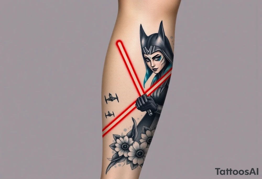 Leg sleeve with

•	Ahsoka Tano front and center
	•	Captain Rex below her
	•	TIE Fighters in motion
	•	Darth Vader looming in the background
	•	Subtle use of red/orange lighting and Clone Wars-era visuals
	•	Some floral framing around the lower leg

To complete or expand this sleeve with Ahsoka vs. Vader, I can generate mockups that incorporate:
	•	A lightsaber duel between Ahsoka and Vader (from Star Wars Rebels, Season 2 finale)
	•	Dramatic red and blue lighting to contrast their sabers
	•	A split-helmet Vader scene to symbolize the emotional conflict
	•	More depth on the thigh if you want to blend the duel into the existing tattoo tattoo idea